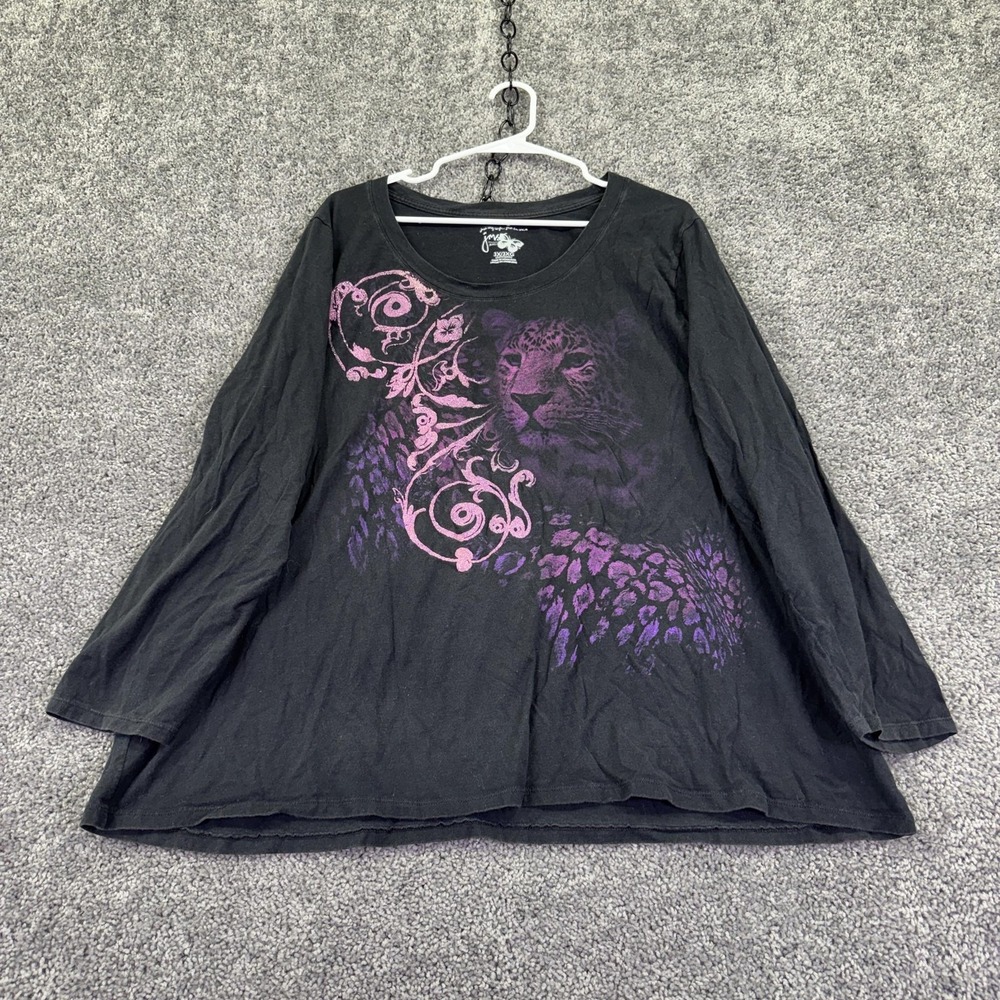 Just My Size Shirt Womens 3X Black Purple Leopard Graphic Long Sleeve Scoop Neck